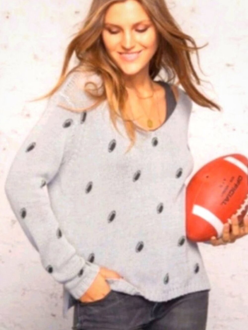 NEW! Wooden Ships Mini Football V-Neck Breaker Knit Sweater BLUE M/L GAME DAY